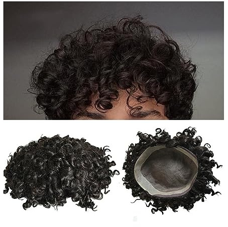 Peluca que cubre la calvicie para hombres Tupé afro for hombres Postizo rizado profundo Mono fino y NPU alrededor de la base Prótesis for hombres Sistemas de cabello humano natural Peluca de viaje dia