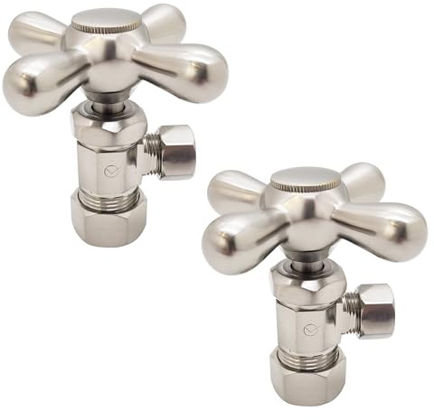 Westbrass D105X-2-07 Cross Handle Angle Stop Shut Off Valve, 1/2 Copper Pipe Inlet with 3/8 Compression Outlet, Satin Nickel (2-Pack)