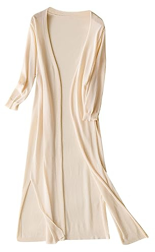 Cárdigan ligero de lino para mujer, de verano, largo, elegante, de verano, tallas grandes, con ranura, para mujer, de punto fino, manga larga, de punto fino, informal, de lino, beige, XXL