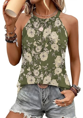 IECCP Women's Summer Vest Tops Floral Ladies Sleeveless Loose Fit Camisole Tops Halter Neck Tank Tops Casual Shirts Vest Blouses, Army Green Floral, S