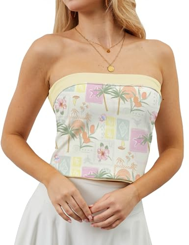 TERIVEEK Women Strapless Reversible Foldover Crop Tube Top Yellow