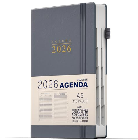 DeDe Bee Kalender 2026 Terminplaner A5 Agenda, Mehrsprachiges, 1 Tag pro Seite und Monatsplan Insgesamt 416 Seiten, Innentasche, Elastischer Verschluss, Hardcover (Grau)