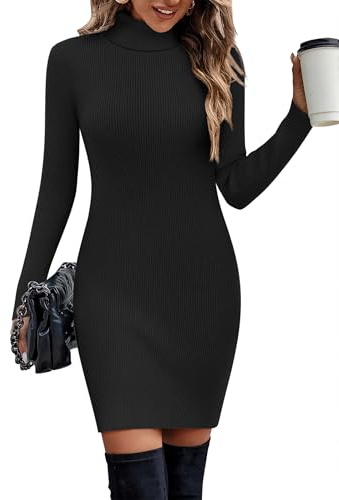 Hotouch Robe Pull Femme Manche Col Roulé Robe d'hiver Élégante à Manches Longues Robes Moulante Chaude Arrivant Au Genou Noir L