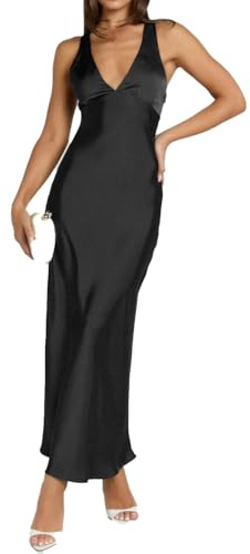 Yixinjew Summer Satin V Neck Backless Maxi Dresses for Women 2026 Silk Sleeveless Formal Bridesmaid Wedding Guest Dress Black