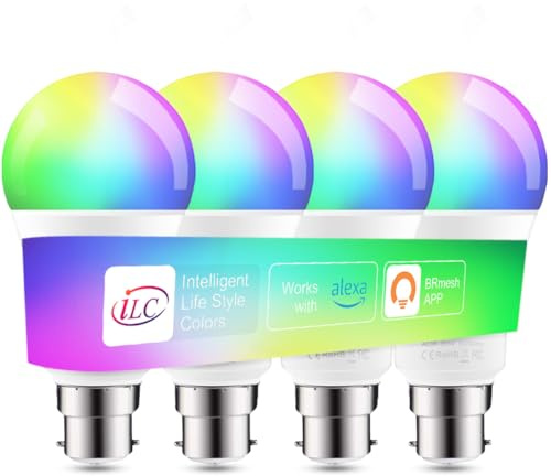 iLC Colour Changing LED Light Bulb B22 Work with Alexa, 10W RGBW, Sync to Music, Multi-Color 60 Watt Equivalent (4 Pack)