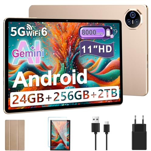 Dghrti Tablette 11 Pouces Android, Tablet Tactile, 24Go + 256Go, TF 1To Extensible, 8000 mAh, UFS 2.2 Flash | 13MP + 5MP | Face ID | Widevine L1 | GMS Certified | 8-Cores 2.0 GHz | GPS | BT5.0- Or
