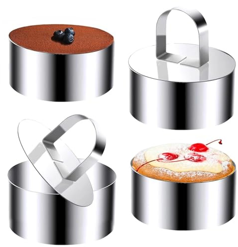 Touosy 4 Piezas Aros Emplatar Acero Inoxidable, Moldes Cocina con Putter Moldes Tartar Circular, Anillos de Postre Reutilizable para Mousse Tartas Pasteles Glaseados (8 CM)
