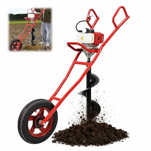 HUOMMGS Ahoyadora Gasolina 2 Tiempos Motor 52CC 1,46KW Empuje Manual Ahoyador con 300mm Broca, Ruedas Profesional Barrena para Tierra Compactadora De Tierra para Huerto (Rojo)