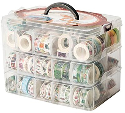 HomDSim Washi Tape Box Organizer Storage,Divider Closet Container,with 30 Adjustable Compartments,Clear,Masking Tape Desktop Tape DIY Sticker Roll Tape Cutter Holder Storage,Finger Safty Dispenser