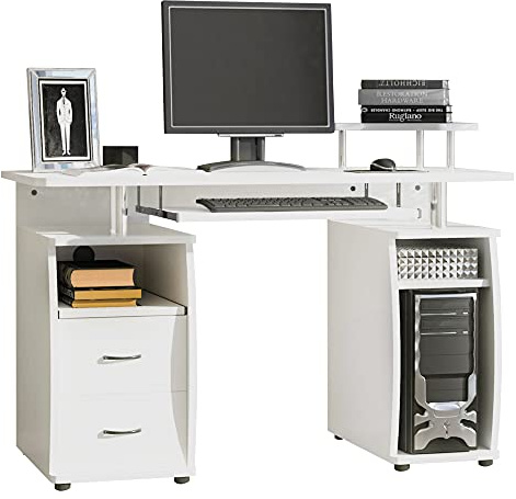 HOMCOM Computer Desk Office PC Table Workstation with Keyboard Tray, CPU Shelf, Drawers, Sliding Scanner Shelf, White