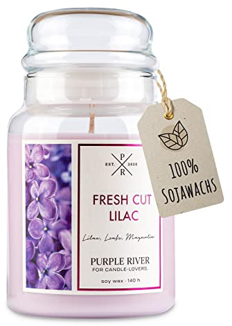 Purple River Große Duftkerze im Glas mit Deckel | Fresh Cut Lilac | Duftkerze Blumen | Kerzen lange Brenndauer | Sojawachskerze | Raumduft für Zuhause