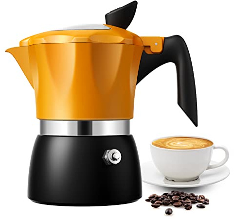 TWOMEOW Stovetop Coffee Maker Espresso Italian Moka Pot with Transparent Top Lid, 150ml-3 Espresso Cups, Classic Aluminium Coffee Percolator, Orange/Black