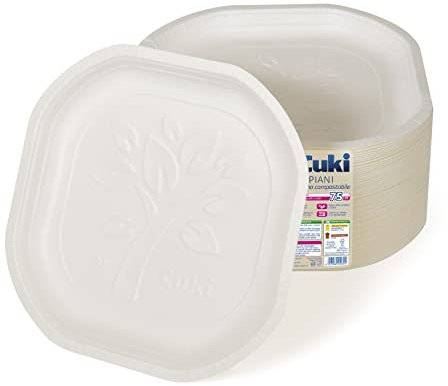 Cuki Platos planos de cartón biodegradable y compostable, ideales con alimentos líquidos y calientes, 1 paquete de 75 unidades, para picnics, fiestas, barbacoas, almuerzos y cenas, 20,3 x 20,3 cm