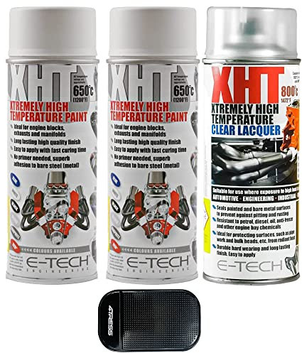 4TRESS E TECH 2 x 400ml Extremely High Temperature White Spray Paint Brake Caliper Engine Block 650°C, 1 x Extremely High Temperature Cleat Coat Lacquer Spray Paint Non Slip Car Dash Mat