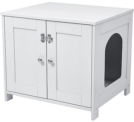 The Fellie Cat Litter Box Enclosure, Wooden Cabinet Litter Tray, Hidden Litter Box Furniture with Double Doors & Ventilation Holes, Spacious Storage, Indoor Cat House, End Table, L60*W51*H53cm, White