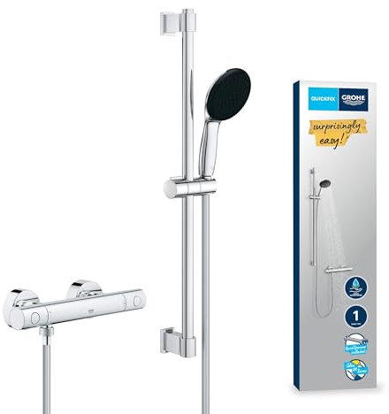 GROHE Precision Get, Duschset mit Thermostat wassersparend, 8l pro Min (Duscharmatur hält Temperatur konstant, Duschkopf 1 Strahlart, 175cm Schlauch, Duschstange 60cm, 3in1 Werkzeug), chrom, 34856000