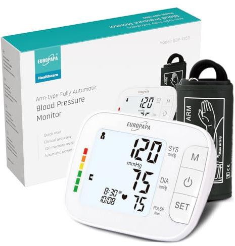 EUROPAPA Blutdruckmessgerät Oberarm für den Heimgebrauch, Pulsmessung Blutdruckmessung mit Große Manschette (22-42cm), 2 * 60 Speicher, Dual-User (Weiß)