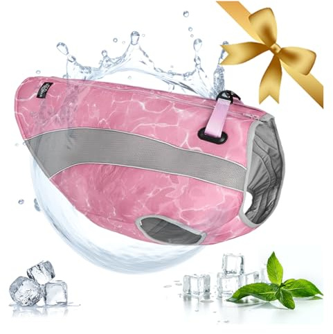 Chaleco refrigerante para Perros, Chaqueta refrigerante Reflectante con arnés y Cremallera Ajustable, Anillos en D de Titanio y Chaleco refrigerante Ligero y Transpirable (Rosa, M)