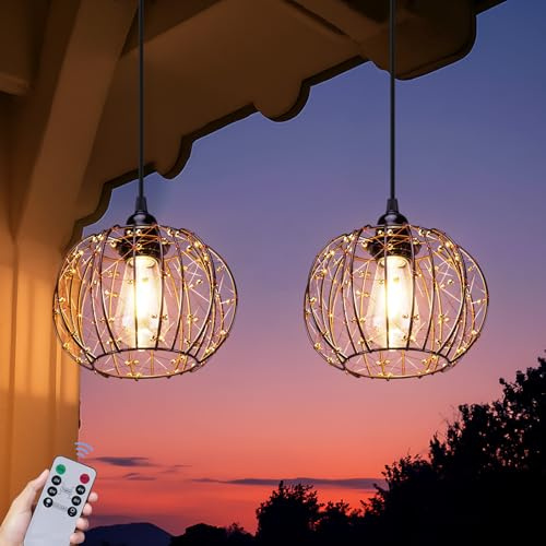 ALL FORTUNE Battery Operated Hanging Outdoor Chandelier, Battery Operated Gazebo Pendant Light Outdoor Waterproof, No Wiring, Powered by 4 AA Batteries, for Gazebo, Porch, Pergola, Decor Lighting (2)