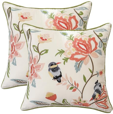 Tosleo Juego de 2 fundas de cojín con flores de primavera 45 x 45 cm, flores de jardín, pájaros, de algodón, fundas decorativas para sofá, hogar, jardín, decoración al aire libre