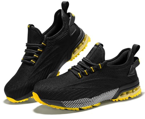 SPIEZ Safety Trainers for Men Women, Air Cushion Composite Toe Work Trainers, Lightweight Breathable Non Steel Toe Shoes Black Blue/Black Yellow UK3-11.5