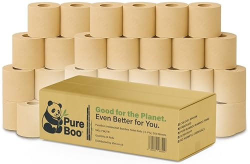 Pure Boo® Unbleached Bamboo Toilet Rolls – 24 Pack | 3-Ply, 200 Sheets per Roll | 100% Bamboo Toilet Paper, Eco-Friendly, Hypoallergenic, Biodegradable, Plastic-Free | Soft, Strong & Chemical-Free
