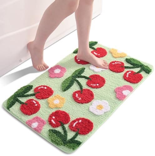 QJHOMO Green Bath Mat Non Slip Bathroom Mats 45 x 65 cm, Cute Cherry Bathroom Accessories Flower Floor Mat, Thick Soft Microfiber Bathmat Machine Washable Bath Rug Absorbent Carpet for Bedroom