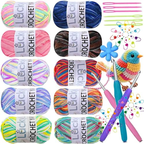Crochet Yarn Double Knitting Wool (10X50g), Multicoloured Acrylic Yarn Crochet Wool with Aluminum Crochet Hooks Stitch Markers for DIY Amigurumi Craft Blankets Socks Dolls (00 Multi-Color)