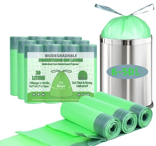 72 Organic Waste Bags 20 L with Drawstring, Bin Liners for Compost Containers, 4 Rolls, 72 Pieces, Kitchen Food Bin Bags, Biodegradable Bag, Organic Waste Bags for Kitchen