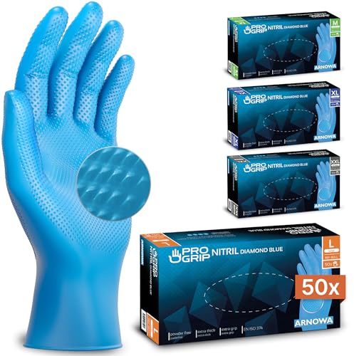 PROGRIP engångshandskar blå, engångshandskar extra starka, nitrilhandskar L, 2x tjockare, engångshandskar med diamantstruktur, arbetshandskar för verkstad, industri & montering, 50 st/box