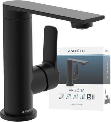 SCHÜTTE ARIZONA Waschtischarmatur mit 360° schwenkbaren Auslauf, Armatur Badezimmer, Einhebelmischer Badezimmer mit Pop Up Abflussstopfen, Mischbatterie Waschbecken, Schwarz matt