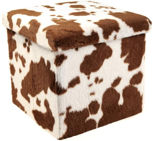 Luxe Faux Fur Storage Ottoman, Cowhide Brown/White, 15 x 15 x 15 in