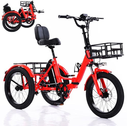 20 tum elektrisk trehjuling för vuxna, kraftassisterad pedal, 2 lastkorgar, bekvämt sätesstöd, feta däck, LCD-skärm, 150 kg kapacitet för shopping