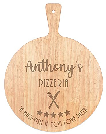 Personalised Custom Pizza Board 5 Star Pizzeria Name Circle Serving Tray Handle Paddle Round Wooden 45x34cm