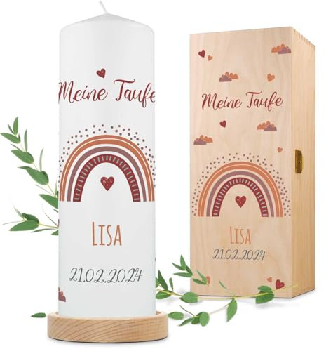 GRAVURZEILE Bedruckte Kerze - Taufkerze Regenbogen - brilliant bedruckte Kerze zur Taufe - Personalisiertes Taufgeschenk für Mädchen & Jungen - Hochwertige Stumpenkerze 250/80 mm - Farbe: Rot