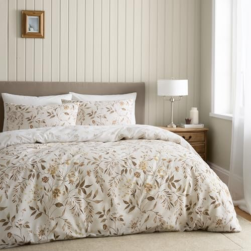 Catherine Lansfield Isadora Floral Reversible Double Duvet Cover Set with Pillowcases Natural