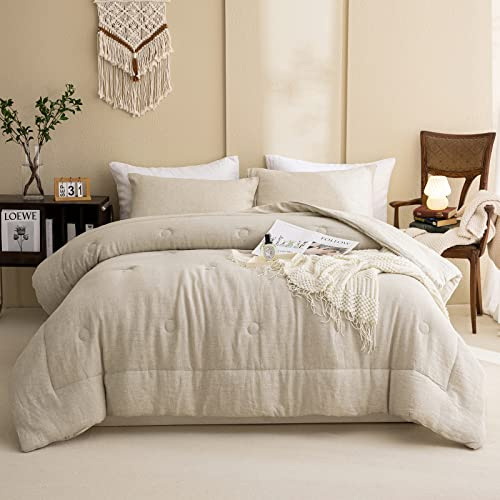 Merryword 100% Linen Comforter Set Queen Natural French Flax Linen Bedding Comforter Set Soft Breathable Moisture Wicking Comfy Bedding 3 Pieces