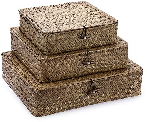 IGNPION Set of 3 Seagrass Storage Baskets with Lid Handmade Woven Hamper Shelf Organiser Baskets Chest with Lid Decorative Boho Multipurpose Container Boxes(Coffee)