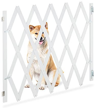 Relaxdays Hundeabsperrgitter ausziehbar bis 140 cm, 87-99 hoch, Bambus, Hunde Schutzgitter für Treppe & Tür, weiß