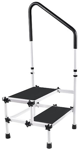 Marchepied de sécurité à 2 marches avec poignée de main courante, pour salle de bain, cuisine, salle de bain, caravane, escabeau avec pieds en caoutchouc épais et plateforme antidérapante, très