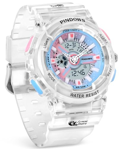PINIDOUS Damen Uhren für Teenager Studenten Außenbereich Wasserdicht Digital Sport Analog mit Stoppuhr Alarm Countdown Dual Display 7 Farben LED Hintergrundbeleuchtung