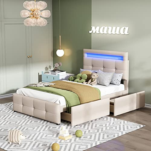 Rtopsu Letto Imbottito Letto Singolo 90x200 cm con Illuminazione a LED, Letti per Ragazzi con 2 Cassetti a Contenitore, Letti per Bambini con Telaio a Doghe in Legno, Lino, Beige, Senza Materasso