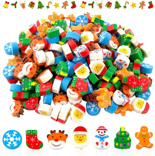 Lets Joy Lot de 200 Mini Gommes de Noël pour Enfants, Gommes Effacer pour Enfants, Gomme à Effacer Père Noël Rennes Flocons, Noël Cadeau Anniversaire Enfant Cadeau de Classe (A)