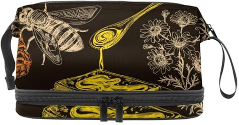 Bee Honeycomb Pot à miel et pain double couche pour femmes et filles, trousse de toilette de voyage, trousse de maquillage pratique avec compartiment à brosse, multicolore, 27x15x14 cm/10.6x5.9x5.5