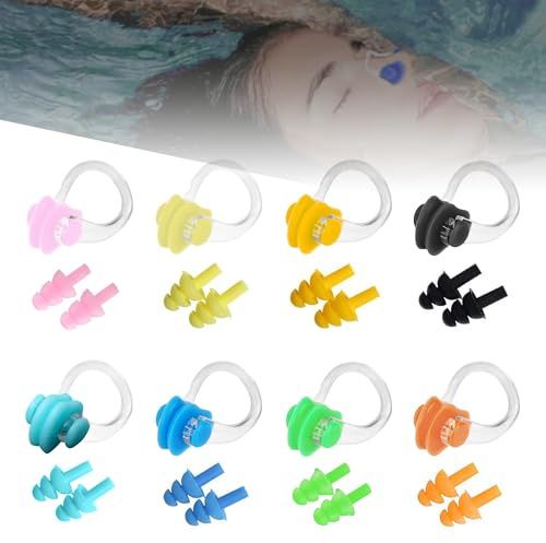 Swimming Nose Clip, 8 PCS Waterproof Silicone Nose Plugs with 8 Pairs Swimming Ear Plugs, Reusable Waterproof Nose Protector with Storage Box for Swimmers Beginners(8 Colors)