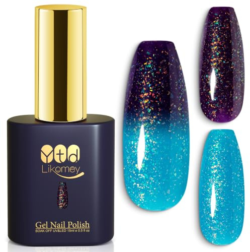 YTD Likomey UV Gel-lack Nagellack,15ml Glitter Ändrar Färg med Temperaturen Nagellack,Färgskiftande Manikyr Gel Polish,Kameleontfärg Gellack-Turkosblått till Mörklila WB505
