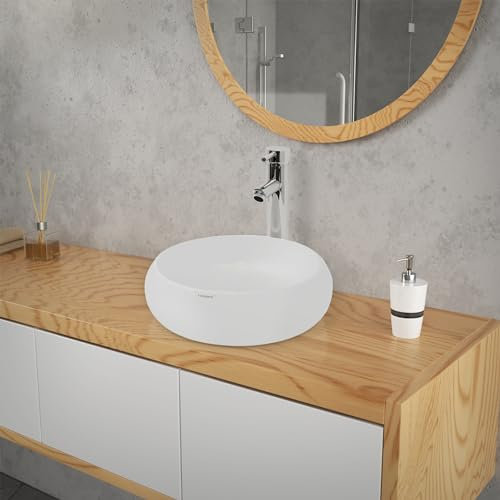 LuxeBath Waschbecken Keramik, rund Ø 350 x 120 mm, Weiß, Aufsatzwaschbecken für Badezimmer/Gäste-WC, Aufsatzbecken im modernen Design, Waschtisch Waschschale Waschplatz Handwaschbecken Waschschüssel