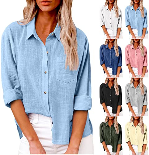 Chemisier Femme Chic et Élégant Chemise en Lin Femme Chemisiers et Blouses Haut Décontracté Tshirt Manche Longue Couleur Unie Tunique Blouse Grande Taille Respirant Vetement Loose Liquette