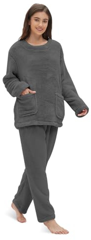 Friendumo Ensemble De Pyjama en Polaire Corail pour Femme - Vêtements de Nuit pour la Maison Pyjama Deux Pièces Doux pour Femme Haut à Manches Longues et Bas Chaud(Gris-XL)