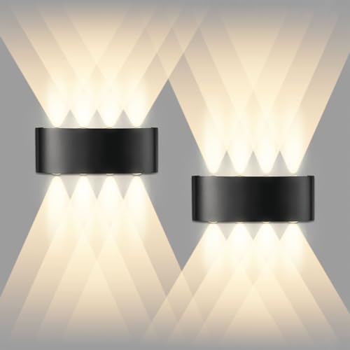 CHEVVY Lot de 2 Applique Murale LED Noir 8W, Intérieur Exterieur Murale, IP65 Lampe Blanche Chaude 3000K Murales, Moderne Carré Up Down en Aluminium pour Chambre, Salon, Hôtel